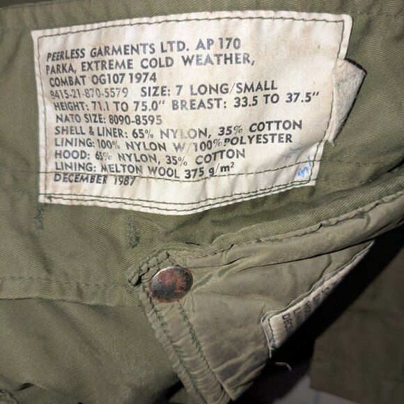 1987 Peerless Garments ECW Extreme Cold Weather Combat Parka, size Long Small - Picture 4 of 5